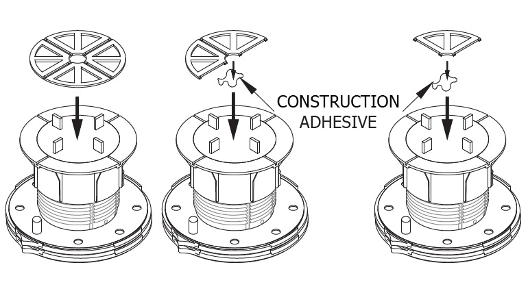 adhering bison rigid shims to pedestal place with construction adhesive